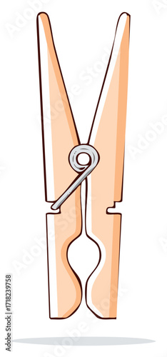 Single wooden clothespin with metal spring, cartoon illustration