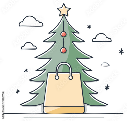 Gift Bag Under Christmas Tree Surrounded by Clouds and Stars Doodle Illustration