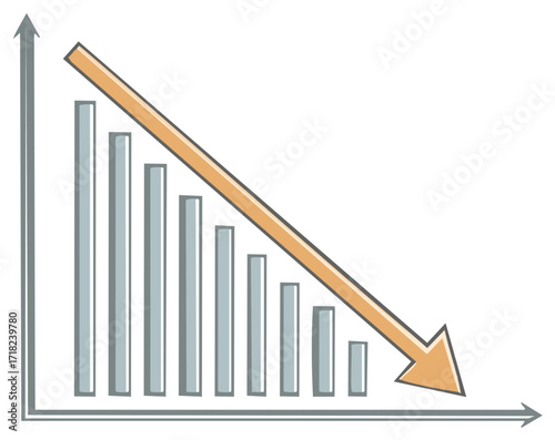 Declining chart with an orange arrow pointing down representing losses in business.