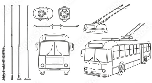 Retro trolleybus line art with vintage parts and accessories