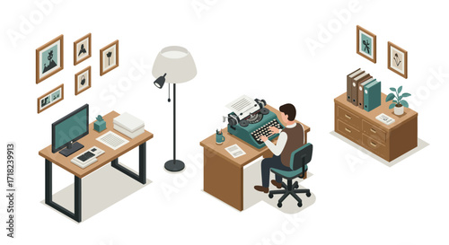 Home office isometric design with workspace and furniture
