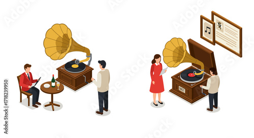 Vintage music listening scene with gramophone and retro vibes