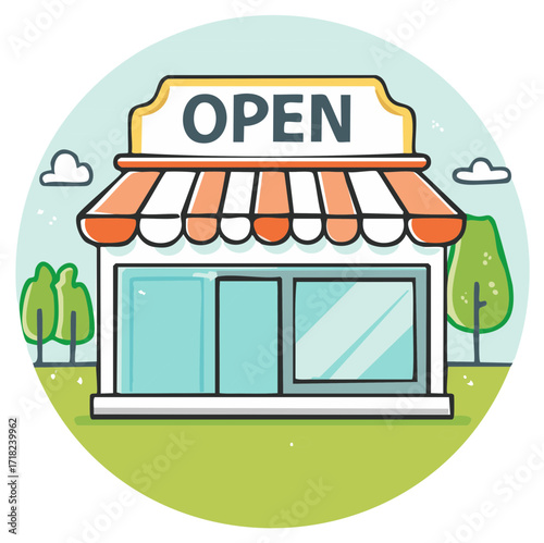 Shopfront Cartoon Illustration with Open Sign and Trees, Isolated in a Circle