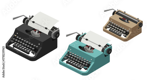 Retro typewriters in isometric style with color variations and paper