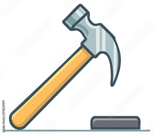Cartoon illustration of a hammer poised above a grey object for construction.