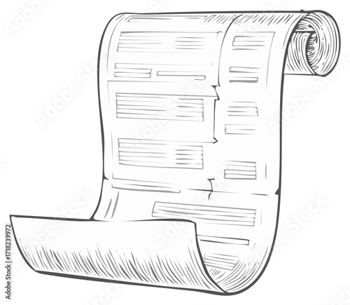 Ink drawing of a rolled paper document with scroll and details
