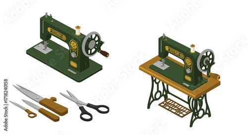 Vintage sewing machine and tools on table in isometric style
