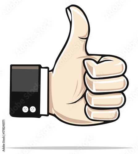 Cartoon hand with thumb up gesture in business suit showing approval.