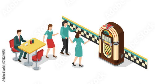 Retro dance party scene with jukebox and diners in isometric style