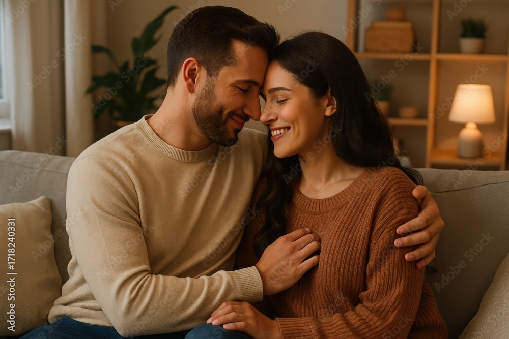 Obraz premium Happy couple embracing at home showing intimacy and love