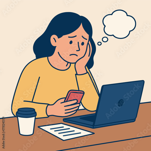 Flat illustration of a young woman sitting at an office desk in front of a computer, unable to start working.
