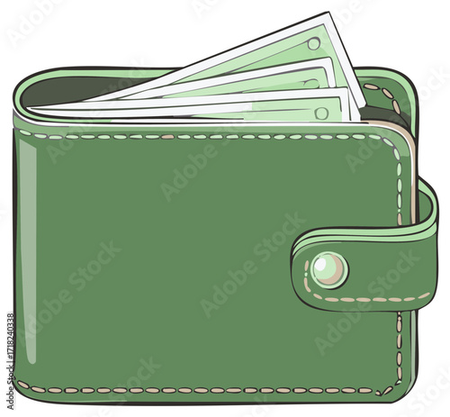 Green Leather Wallet With Cash Stacked Inside and Secure Button Closure