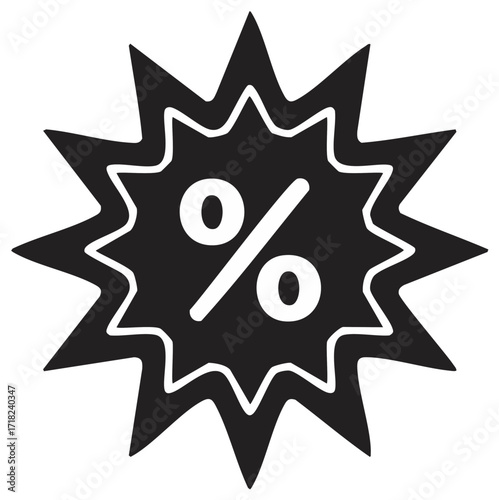 Black percentage symbol in starburst shape representing discount sale promotion offer