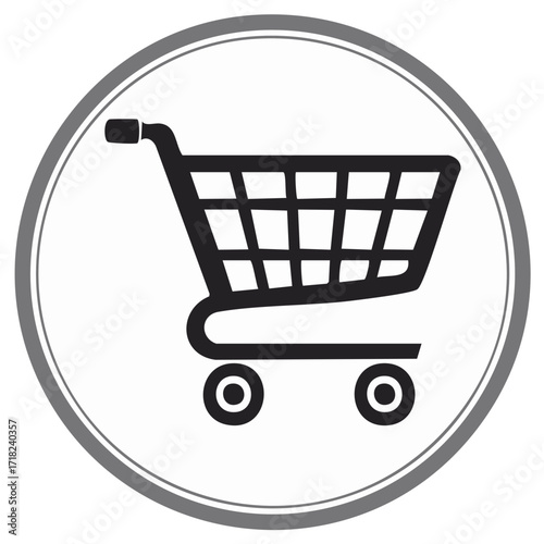 Simple black shopping cart icon inside a circle, a symbol for e-commerce, online stores, and retail