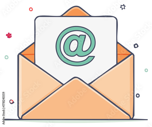 Stylized open mail envelope with @ symbol as communication, email marketing and correspondence concept