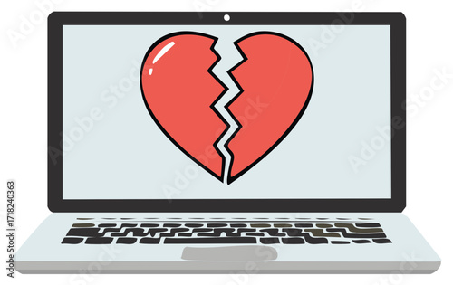 Broken heart icon displayed on laptop computer screen, illustration of love issues