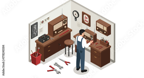Vintage radio repair workshop in an isometric room with technician