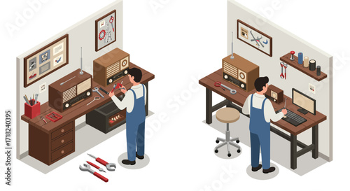 Retro radio repair workshop in isometric style with tools and shelves