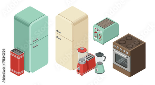 Isometric kitchen appliances: vintage refrigerators, toaster, stove, and kett…