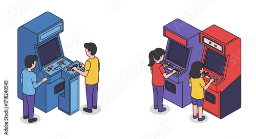 Isometric arcade fun: retro gaming machines with players in vibrant colors