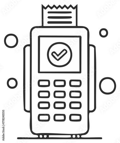 Simple line drawing of a payment terminal with a checkmark on screen and receipt sticking out