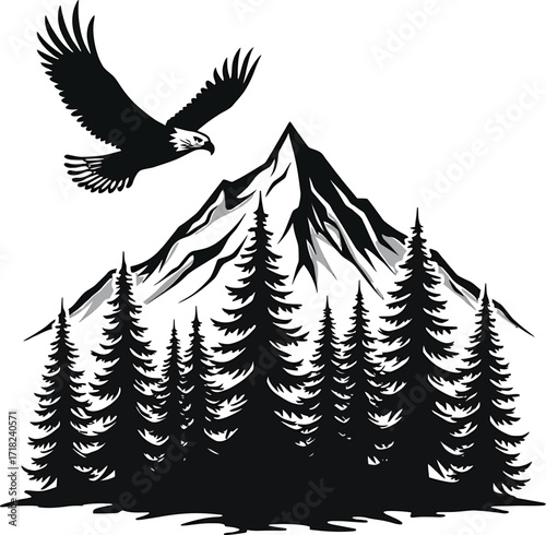 Eagle soaring above mountains, wilderness national park emblem

