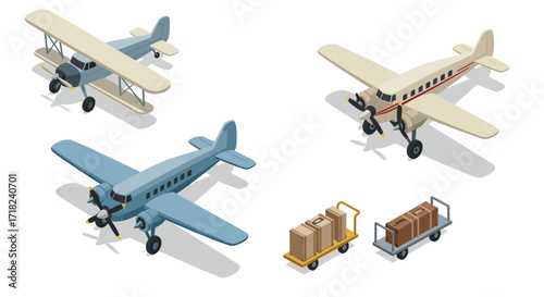 Retro isometric biplanes and cargo trolleys illustrating vintage aviation