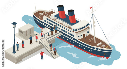Isometric cruise ship at dock with passengers boarding