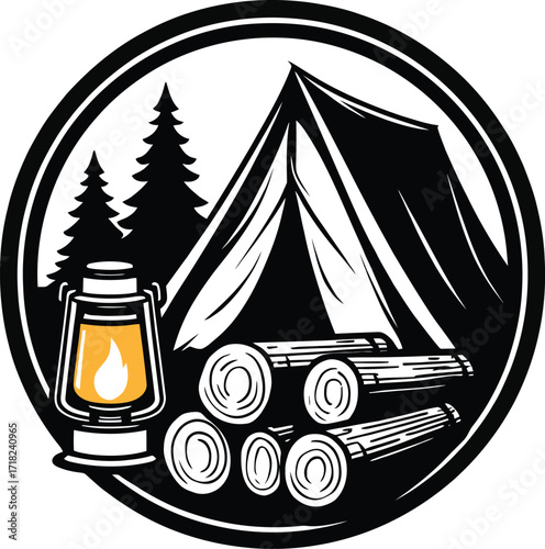 Camping tent with lantern and firewood, wilderness outdoor adventure icon

