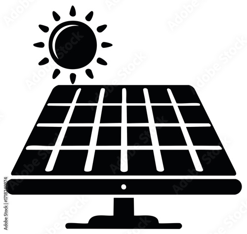 Solar Panel and Sun Icon Representing Sustainable Green Energy Solution