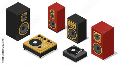 Vintage audio equipment setup with turntables and speakers in isometric style