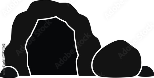 A simple black silhouette of a cave entrance with surrounding rocks