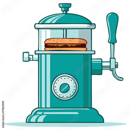 Teal vintage hot dog steamer machine with sandwich inside fast food illustration