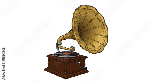 Vintage gramophone with golden horn and wooden base on white background