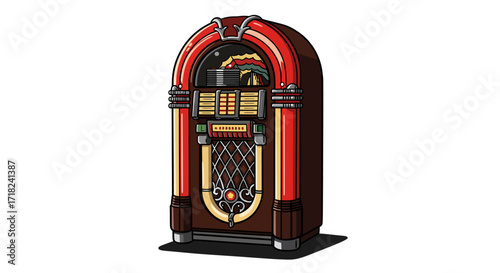 Retro jukebox with glossy finish and vintage design in flat style