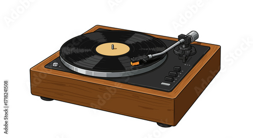 Retro turntable with wooden base and vinyl record in detailed artwork