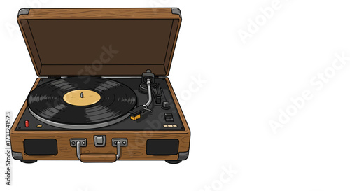 Retro turntable with wooden finish and open lid on white background