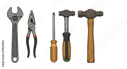 Vintage hand tools collection: wrench, plier, screwdriver, hammer set