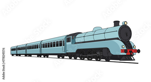 Vintage steam locomotive with train cars in side view on white background