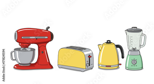 Colorful home appliances collection featuring mixer, toaster, kettle, blender