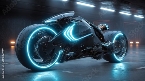 Sleek Futuristic Motorcycle with Glowing Blue Neon Lights in a Dark Garage