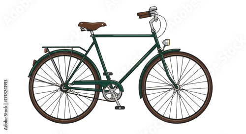 Vintage bicycle with brown leather seat on white background, hand-drawn urban…