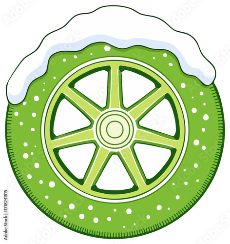 Vibrant green winter wheel illustration covered with fresh snow and snowflakes