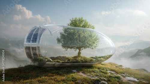 A tree grows inside a futuristic capsule, symbolizing environmental protection and sustainable living in a changing world