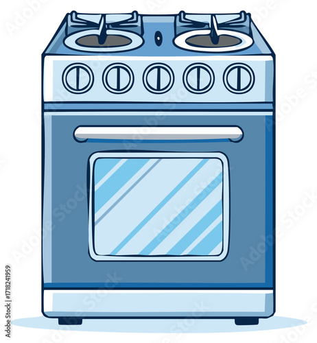 Illustration of a Blue Kitchen Stove Oven with Four Burners and a Front Facing Oven Door