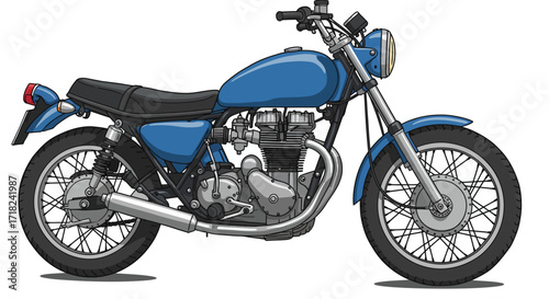 Retro blue motorcycle in detailed side view with classic design and chrome ac…