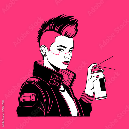 Illustration of a woman with a mohawk holding a spray paint can, in a cyberpunk style.