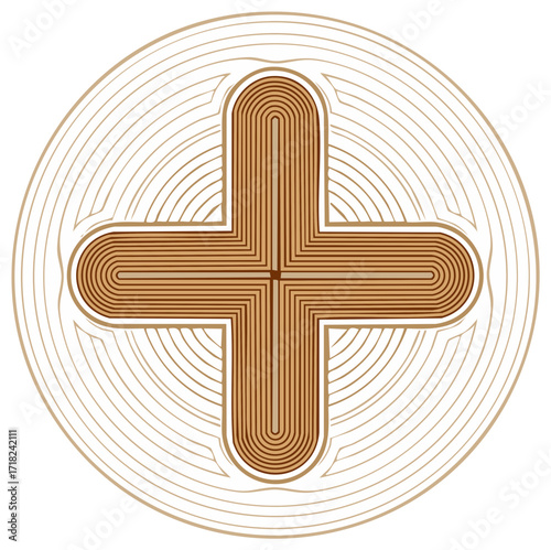 Abstract geometric cross shape with concentric rings and layered lines
