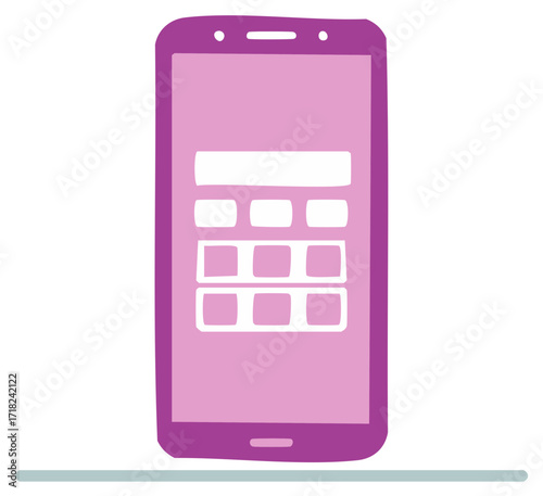 Hand drawn pink smartphone illustration with user interface application screen