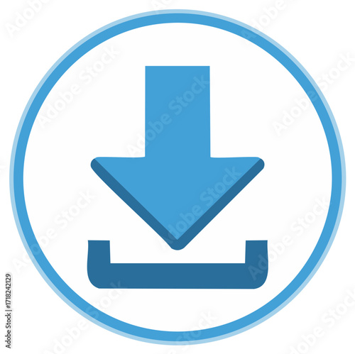 Blue Download Icon with Down Arrow and Box Symbol in a Circle